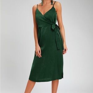 Lulus J.O.A. Fall In Love Forest Green Satin Midi Wrap Dress NWT